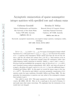 Asymptotic enumeration of sparse nonnegative integer matrices with
  specified row and column sums