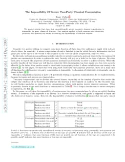 The Impossibility Of Secure Two-Party Classical Computation