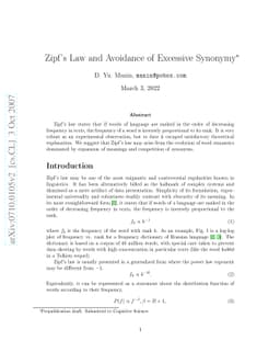 Zipf's Law and Avoidance of Excessive Synonymy