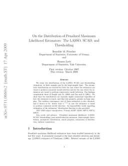 On the Distribution of Penalized Maximum Likelihood Estimators: The
  LASSO, SCAD, and Thresholding