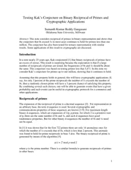 Testing Kak's Conjecture on Binary Reciprocal of Primes and
  Cryptographic Applications