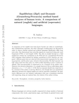 Equilibrium (Zipf) and Dynamic (Grasseberg-Procaccia) method based
  analyses of human texts. A comparison of natural (english) and artificial
  (esperanto) languages