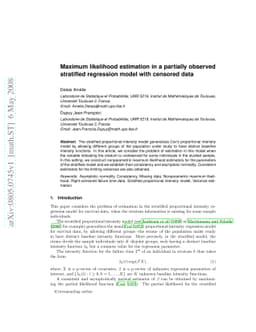 Maximum likelihood estimation in a partially observed stratified
  regression model with censored data