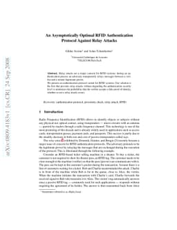 An Asymptotically Optimal RFID Authentication Protocol Against Relay
  Attacks