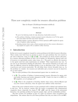 Three New Complexity Results for Resource Allocation Problems