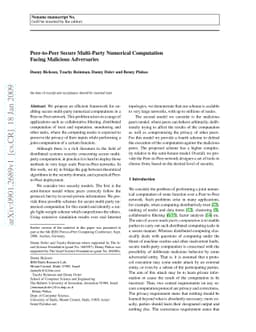 Peer-to-Peer Secure Multi-Party Numerical Computation Facing Malicious
  Adversaries