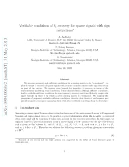 Verifiable conditions of $\ell_1$-recovery of sparse signals with sign
  restrictions