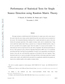 Performance of Statistical Tests for Single Source Detection using
  Random Matrix Theory