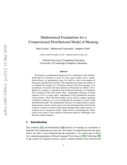 Mathematical Foundations for a Compositional Distributional Model of
  Meaning