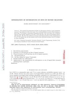 Minimization of divergences on sets of signed measures
