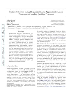 Feature Selection Using Regularization in Approximate Linear Programs
  for Markov Decision Processes