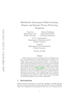 Distributed Autonomous Online Learning: Regrets and Intrinsic
  Privacy-Preserving Properties