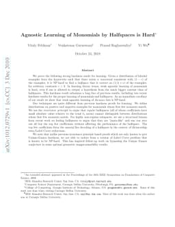 Agnostic Learning of Monomials by Halfspaces is Hard