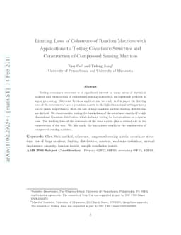 Limiting Laws of Coherence of Random Matrices with Applications to
  Testing Covariance Structure and Construction of Compressed Sensing Matrices
