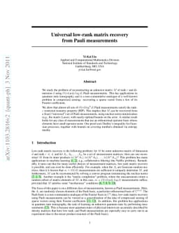 Universal low-rank matrix recovery from Pauli measurements