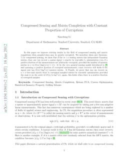 Compressed Sensing and Matrix Completion with Constant Proportion of
  Corruptions