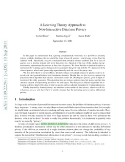 A Learning Theory Approach to Non-Interactive Database Privacy