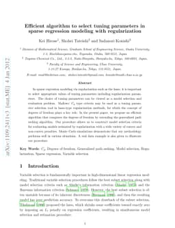 Efficient algorithm to select tuning parameters in sparse regression
  modeling with regularization