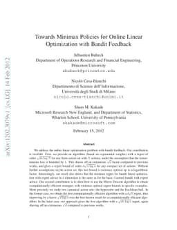 Towards minimax policies for online linear optimization with bandit
  feedback