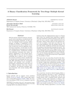 A Binary Classification Framework for Two-Stage Multiple Kernel Learning