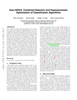 Auto-WEKA: Combined Selection and Hyperparameter Optimization of
  Classification Algorithms