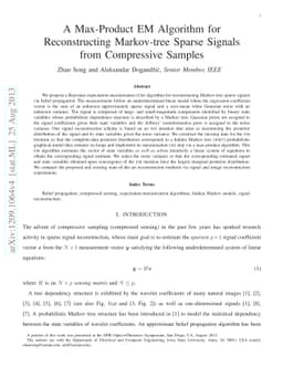 A Max-Product EM Algorithm for Reconstructing Markov-tree Sparse Signals
  from Compressive Samples