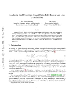 Stochastic Dual Coordinate Ascent Methods for Regularized Loss
  Minimization