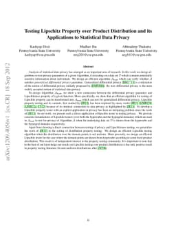 Testing Lipschitz Property over Product Distribution and its
  Applications to Statistical Data Privacy