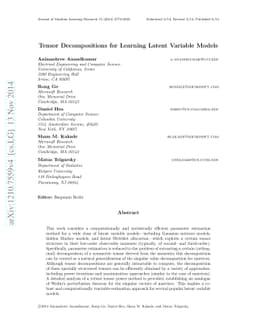 Tensor decompositions for learning latent variable models