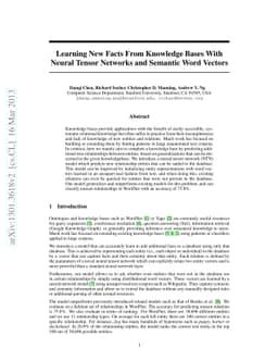 Learning New Facts From Knowledge Bases With Neural Tensor Networks and
  Semantic Word Vectors