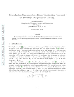 Generalization Guarantees for a Binary Classification Framework for
  Two-Stage Multiple Kernel Learning