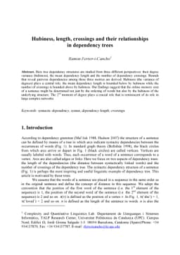 Hubiness, length, crossings and their relationships in dependency trees