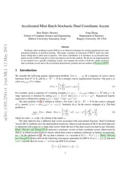 Accelerated Mini-Batch Stochastic Dual Coordinate Ascent