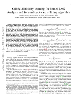 Online dictionary learning for kernel LMS. Analysis and forward-backward
  splitting algorithm