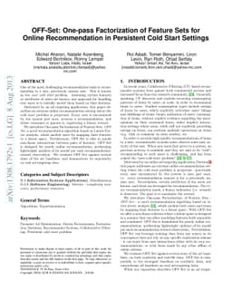 OFF-Set: One-pass Factorization of Feature Sets for Online
  Recommendation in Persistent Cold Start Settings
