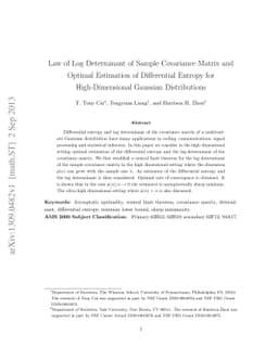 Law of Log Determinant of Sample Covariance Matrix and Optimal
  Estimation of Differential Entropy for High-Dimensional Gaussian
  Distributions