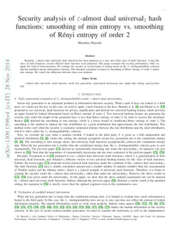 Security analysis of epsilon-almost dual universal2 hash functions:
  smoothing of min entropy vs. smoothing of Rényi entropy of order 2