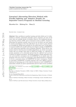 Linearized Alternating Direction Method with Parallel Splitting and
  Adaptive Penalty for Separable Convex Programs in Machine Learning