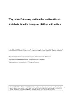 Why robots? A survey on the roles and benefits of social robots in the
  therapy of children with autism