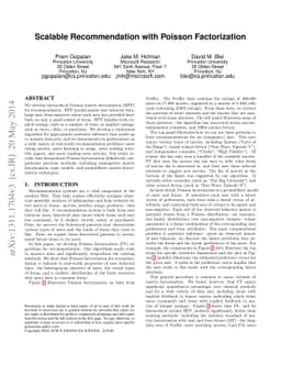 Scalable Recommendation with Poisson Factorization