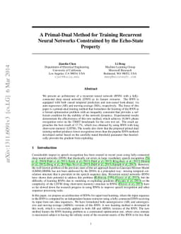 A Primal-Dual Method for Training Recurrent Neural Networks Constrained
  by the Echo-State Property