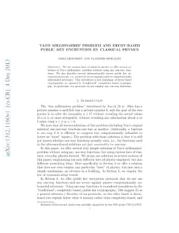 Yao's millionaires' problem and decoy-based public key encryption by
  classical physics