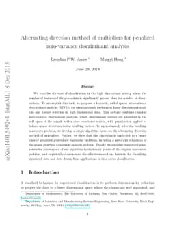 Alternating direction method of multipliers for penalized zero-variance
  discriminant analysis