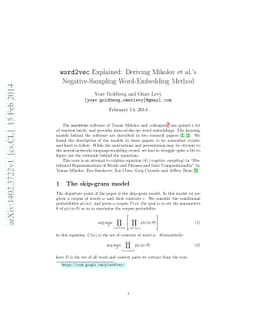 word2vec Explained: deriving Mikolov et al.'s negative-sampling
  word-embedding method