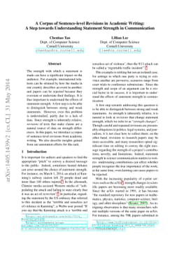 A Corpus of Sentence-level Revisions in Academic Writing: A Step towards
  Understanding Statement Strength in Communication