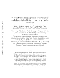 A two-step learning approach for solving full and almost full cold start
  problems in dyadic prediction