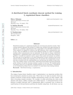 A distributed block coordinate descent method for training $l_1$
  regularized linear classifiers