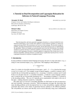 A Tutorial on Dual Decomposition and Lagrangian Relaxation for Inference
  in Natural Language Processing