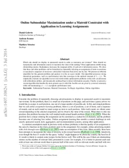 Online Submodular Maximization under a Matroid Constraint with
  Application to Learning Assignments
