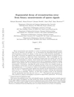 Exponential decay of reconstruction error from binary measurements of
  sparse signals